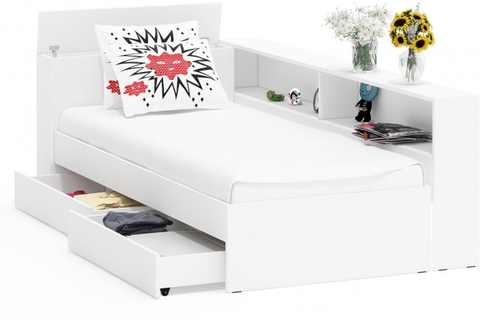 Ксения Кровать с ящиками 0900 + прикроватный блок, белый