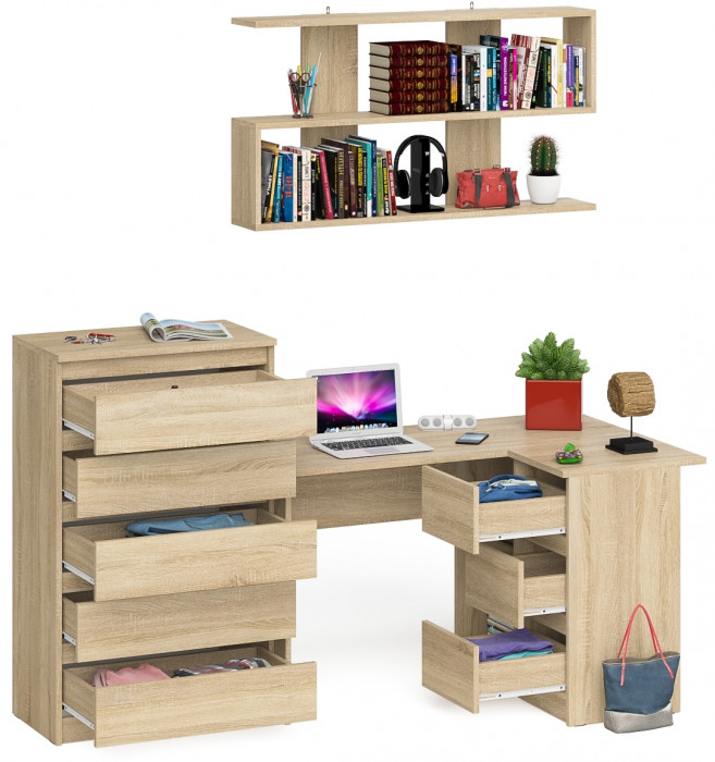 Мори компьютерный стол МС-16 правый + Комод МК700.5 + Полка 1200, дуб сонома