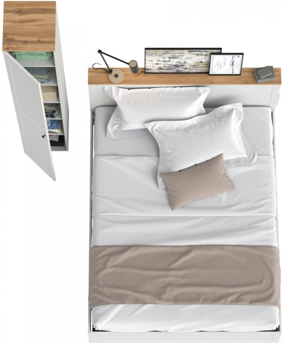 Остин 11.53 Кровать + ортопед + 13.227 Шкаф-пенал, белый шагрень/дуб крафт золотой