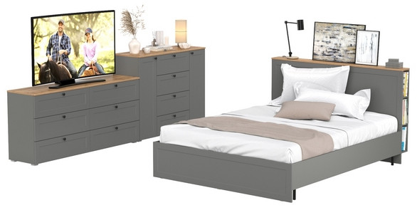 Остин 11.53 Кровать + ортопед + 16.240 Комод + 16.221 Комод, серый графит/дуб крафт золотой