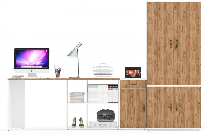 Лидер-8 Стол + Тумба МД 3.15 + Шкаф МД 20Б, цвет белый шагрень/крафт золото, ШхГхВ 285х50/37,5х75/190 или 115х200/50х75/190 см., НЕ ун. сборка