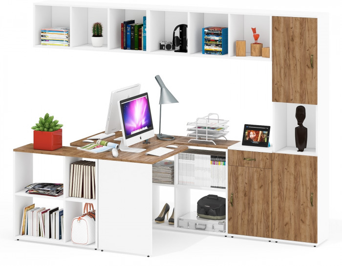 Лидер-8 Стол + Полка + Стол + Полка + Пенал + Тумба МД 3.15, цвет белый шагрень/крафт золото, 410х50/30х75/190 или 230х50/160х75/190 см., НЕ ун. сб.