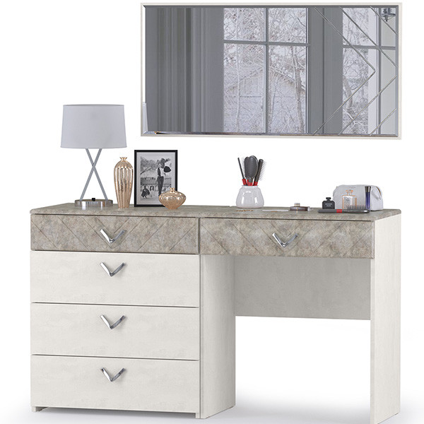 Амели Комод 13.106 + Стол туалетный 12.48 + Зеркало, цвет шёлковый камень/бетон чикаго беж, ШхГхВ 130х41,3х145 см., универсальная сборка