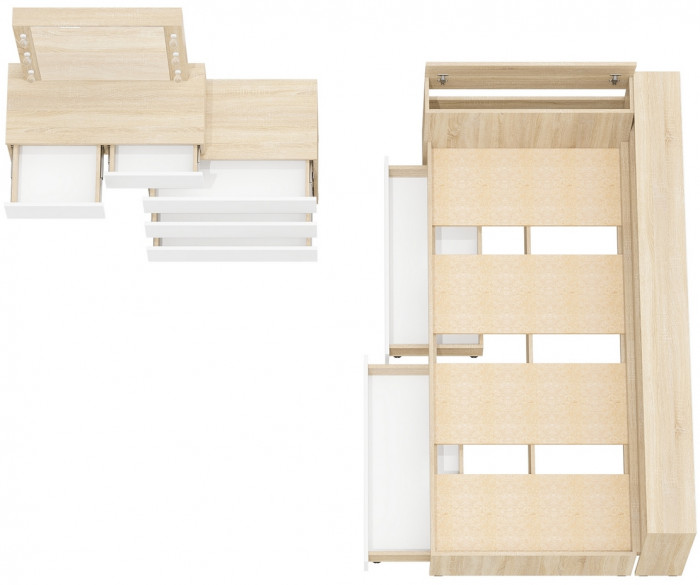 Ксения Кровать с ящиками 0900 + прикроватный блок + Столик с подсветкой 110, дуб сонома/белый