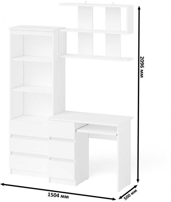 Мори Стол компьютерный МС-6 левый + Стеллаж МСТ600.3 + Полка 900, цвет белый, ШхГхВ 150,4х50х209,6 см., НЕ универсальная сборка