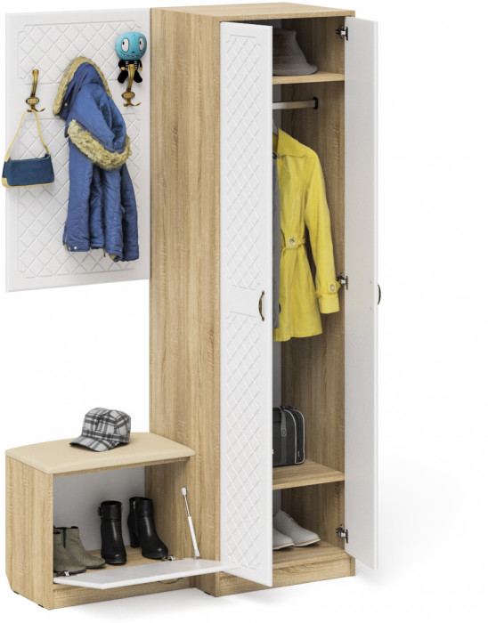 Прихожая П-6 Компоновка № 12, дуб сонома/фасады МДФ белое дерево фрезеровка ромб