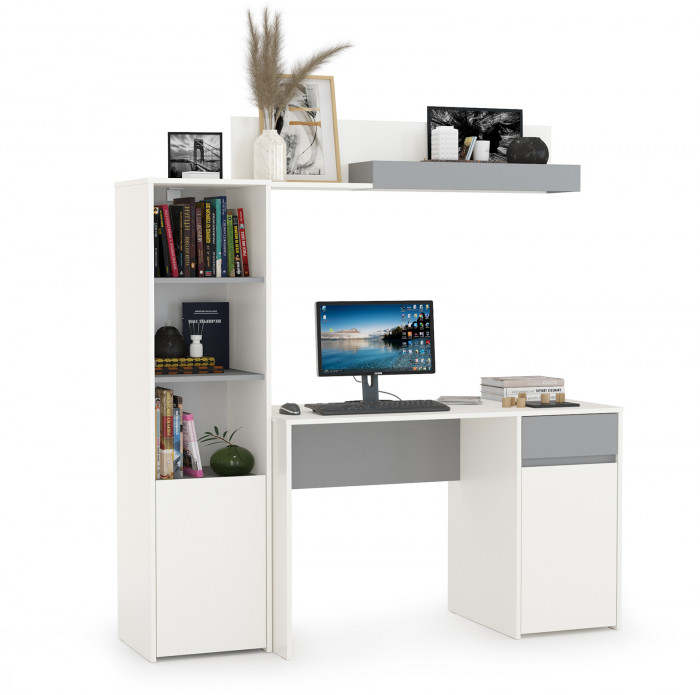 Торонто 12.149 Стол + 13.13 Шкаф комбинированный + 16.475 Полка, белый шагрень/стальной серый
