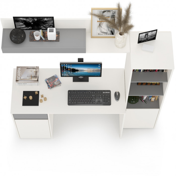 Торонто 12.149 Стол + 13.13 Шкаф комбинированный + 16.475 Полка, белый шагрень/стальной серый