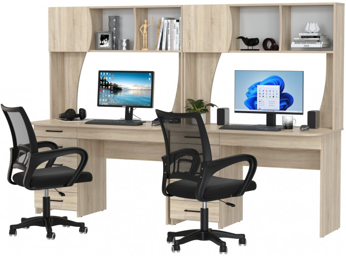 Два стола рабочих 6-0606 Сигма + два кресла 103 чёрных, дуб сонома