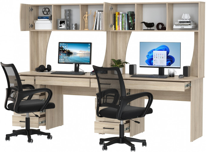 Два стола рабочих 6-0606 Сигма + два кресла 103 чёрных, дуб сонома