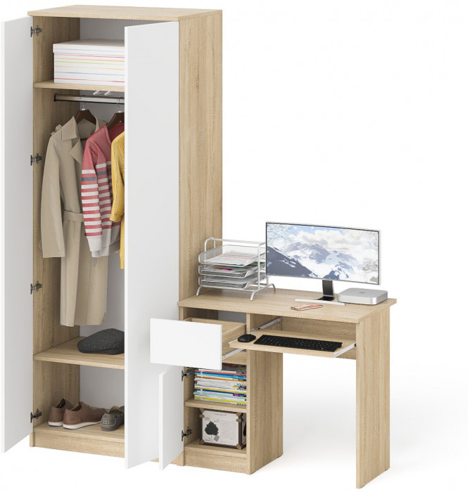 Мори компьютерный стол МС-1 левый + Шкаф МШ800.1, дуб сонома/белый