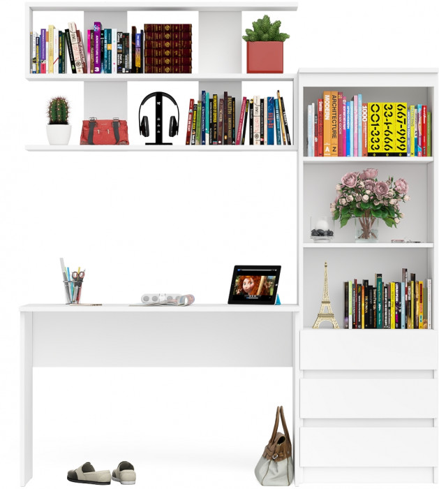 Мори письменный стол МСП1200.1 + Стеллаж МСТ600.3 + Полка 1200, белый