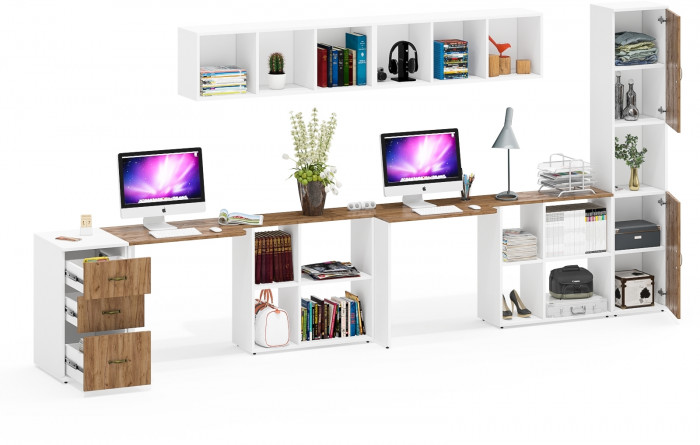 Лидер-8 Стол + Полка + Стол + Полка + Пенал + Тумба МД 3.16, цвет белый шагрень/крафт золото, 410х50/30х75/190 или 270х120/50х75/190 см., НЕ ун. сб.