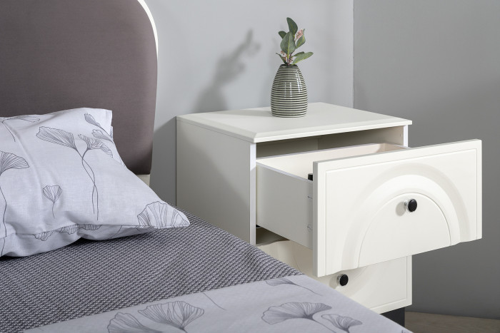 Валенсия Спальня 11.36.02 Кровать + ортопед + две Тумбы, цвет ЛДСП белый шагрень/МДФ бел шагр/ткань велутто 19, ШхГхВ 278х204х103,8 см, 1600х2000, б/м