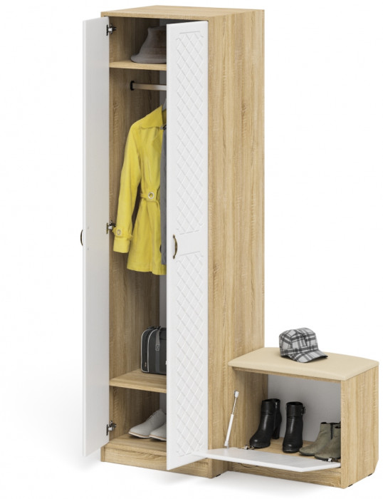 Прихожая П-6 Компоновка № 10, цвет дуб сонома/фасады МДФ белое дерево фрезеровка ромб, ШхГхВ 120х50х210 см., универсальная сборка