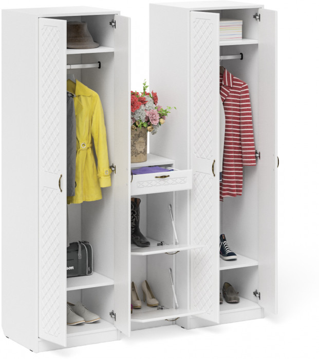 Прихожая П-6 Компоновка № 13, белая шагрень/фасады МДФ белое дерево фрезеровка ромб