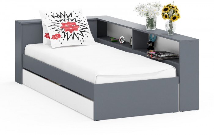 Ксения Кровать с ящиками 0900 + прикроватный блок, графит/белый