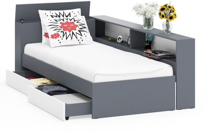 Ксения Кровать с ящиками 0900 + прикроватный блок, графит/белый