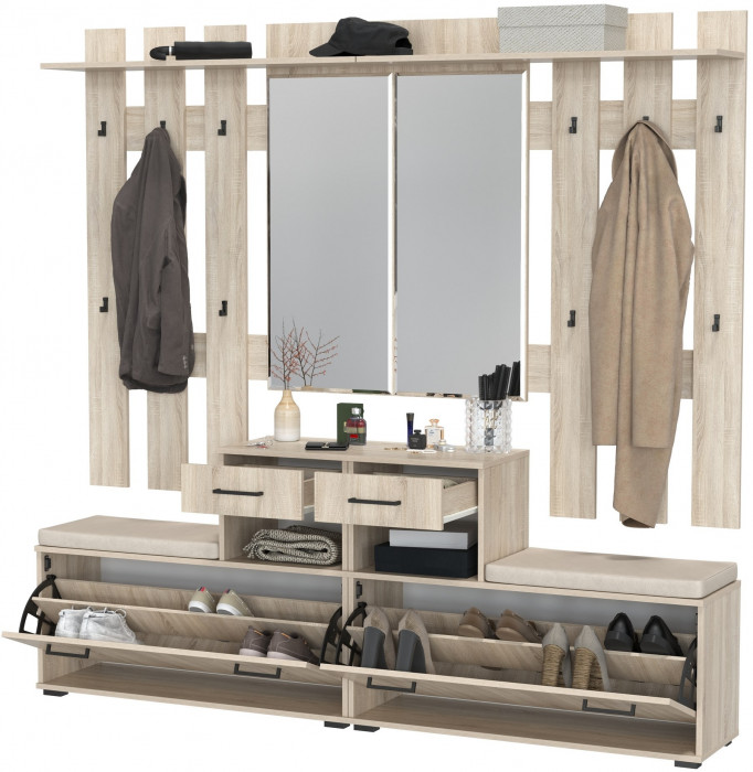 Лира ГК Прихожая 2 Два х Тумба под обувь + Два х Вешалка с зеркалом, дуб сонома