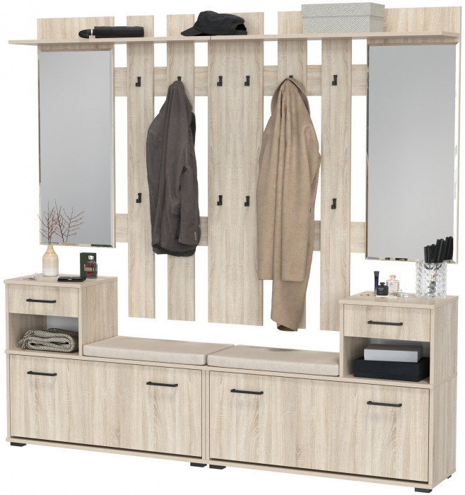 Лира ГК Прихожая 2 Два х Тумба под обувь + Два х Вешалка с зеркалом, дуб сонома
