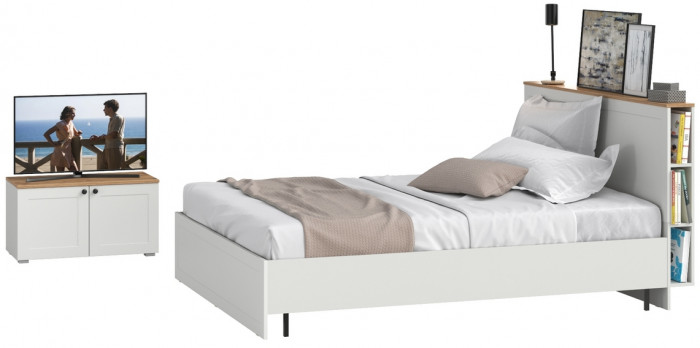 Остин 11.53 Кровать + ортопед + 13.257 Тумба, белый шагрень/дуб крафт золотой