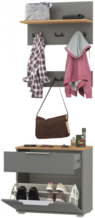 Октава 16.127 Тумба для обуви + 15.14.01 Вешалка + 15.14.02, цвет серый графит/дуб крафт золотой/фасады МДФ серый графит, ШхГхВ 64,9х35,4х197 см.