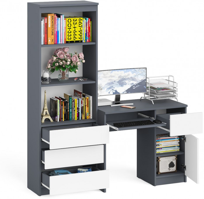 Мори Стол компьютерный МС-1 правый + Стеллаж МСТ600.3, цвет графит/белый, ШхГхВ 150,4х50х179,6 см., выдвижной ящик справа, НЕ универсальная сборка
