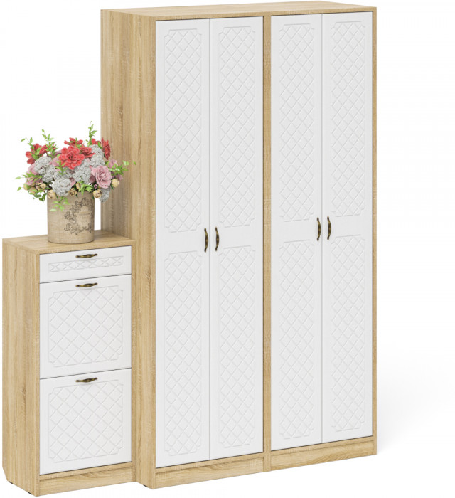 Прихожая П-6 Компоновка № 13, дуб сонома/фасады МДФ белое дерево фрезеровка ромб