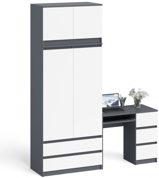 Мори компьютерный стол МС-6 правый + Шкаф МШ900.1 + Антресоль МА900.1, графит/белый