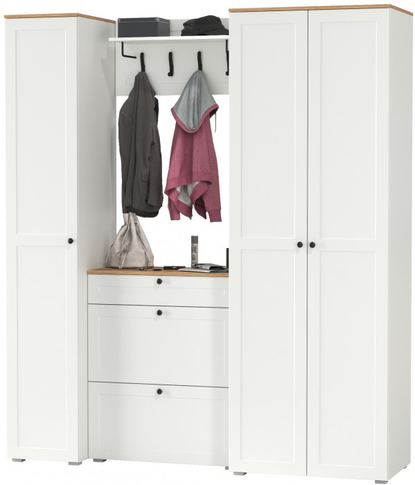 Остин Прихожая 41, цвет белый шагрень/дуб крафт золотой, ШхГхВ 200х54,3х229,6 см., универсальная сборка