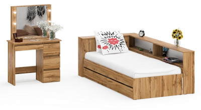 Ксения Кровать с ящиками 0900 + прикроватный блок + Столик с подсветкой Сура, дуб вотан