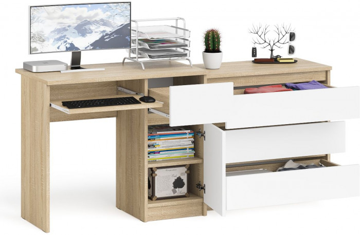 Мори компьютерный стол МС-1 правый + Комод МК800.1, дуб сонома/белый