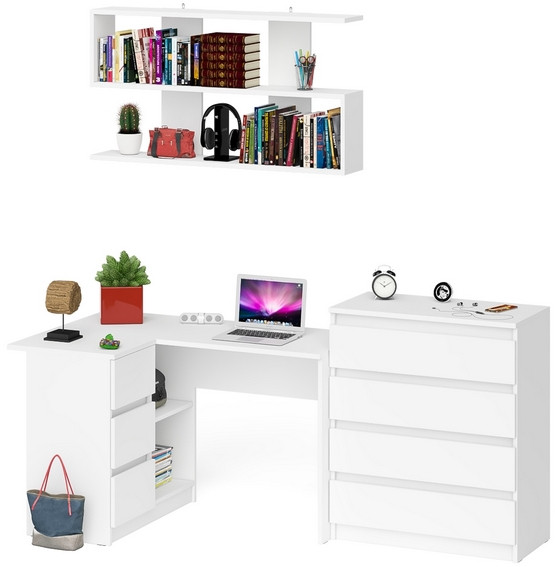 Мори компьютерный стол МС-16 левый + Комод МК800.4 + Полка 1200, белый