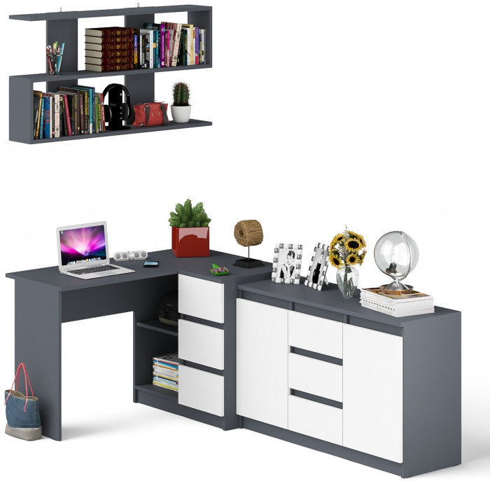 Мори компьютерный стол МС-16 правый + Комод МК1200.3 + Полка 1200, графит/белый