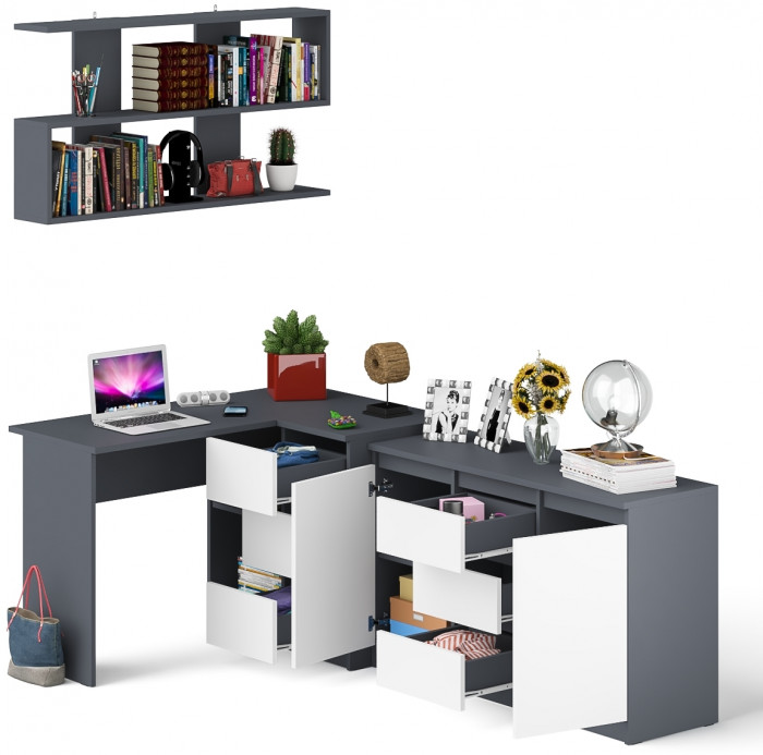 Мори компьютерный стол МС-16 правый + Комод МК1200.3 + Полка 1200, графит/белый