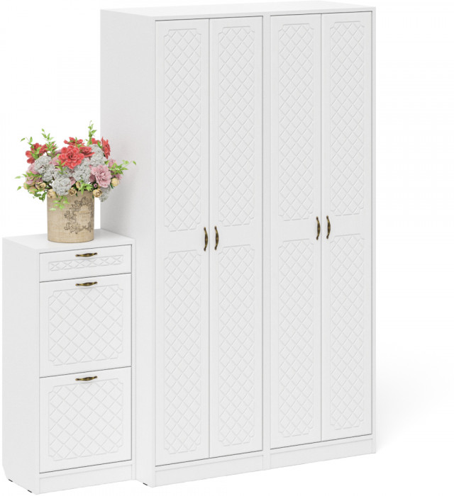 Прихожая П-6 Компоновка № 13, цвет белая шагрень/фасады МДФ белое дерево фрезеровка ромб, ШхГхВ 170х50х210 см., универсальная сборка