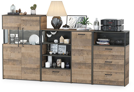 Трувор 13.307.01 Комод + 13.306 Комод с витриной + 13.307.02 Комод с ящиками, дуб гранж песочный/интра