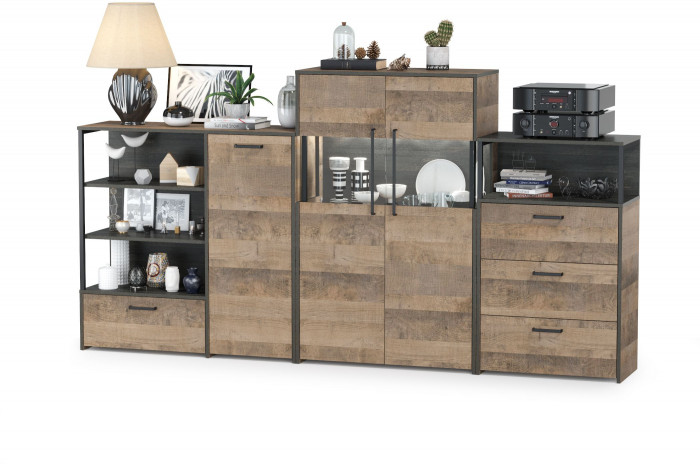 Трувор 13.307.01 Комод + 13.306 Комод с витриной + 13.307.02 Комод с ящиками, дуб гранж песочный/интра