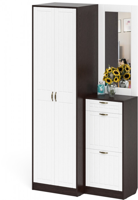 Прихожая П-6 Компоновка № 17, цвет венге/фасады МДФ белое дерево фрезеровка прованс, ШхГхВ 110х50х210 см., универсальная сборка