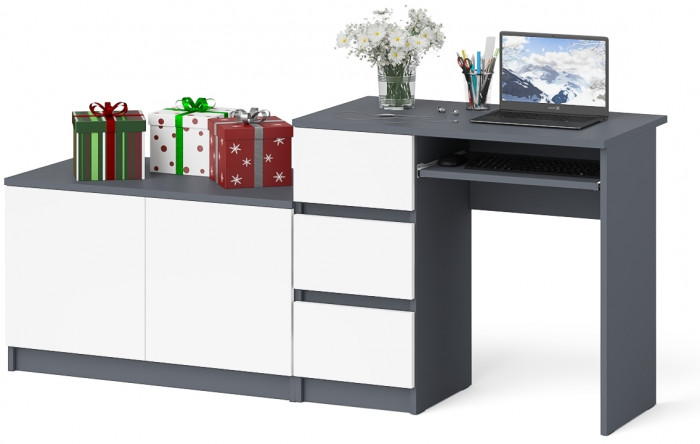 Мори компьютерный стол МС-6 левый + Тумба МА900.1, графит/белый