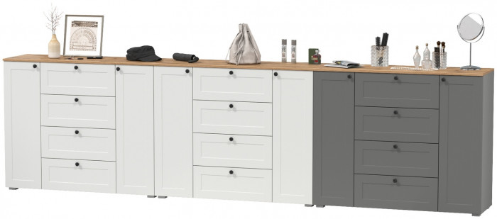 Остин 16.221 Комод + 16.221 Комод + 16.221 Комод, белый шагрень/серый графит/дуб крафт золотой