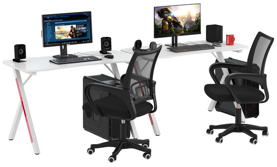 Два игровых стола Мебель--24 GT-2310 + два кресла компьютерных 103 чёрных, цвет белый, ШхГхВ 240х60х73 + 59х56х83-94 см.