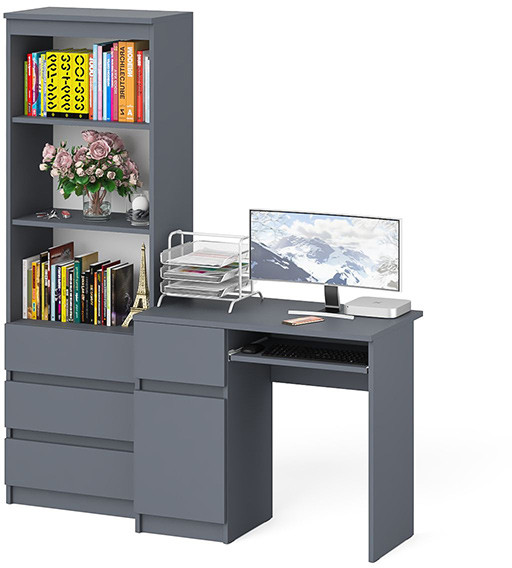 Мори Стол компьютерный МС-1 левый + Стеллаж МСТ600.3, цвет графит, ШхГхВ 150,4х50х179,6 см., выдвижной ящик слева, НЕ универсальная сборка