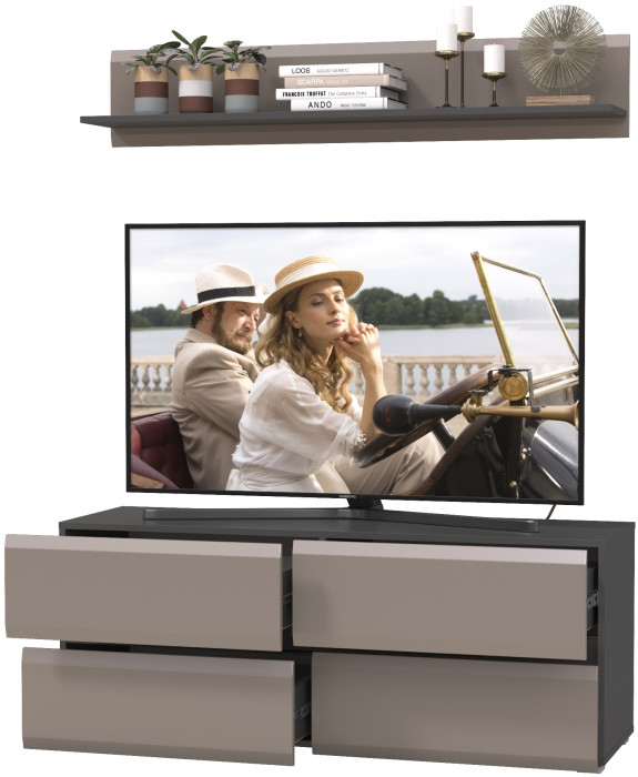 Сидней Комплектация № 043, цвет корпус: антрацит/фасады: МДФ веллюто капучино, ШхГхВ 130х41,3х185 см., ниша для ТВ 129х41х100 см., универс. сборка