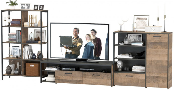 Трувор Гостиная 044, цвет дуб гранж песочный/интра, ШхГхВ 348,8х45,4х146 см., универсальная сборка