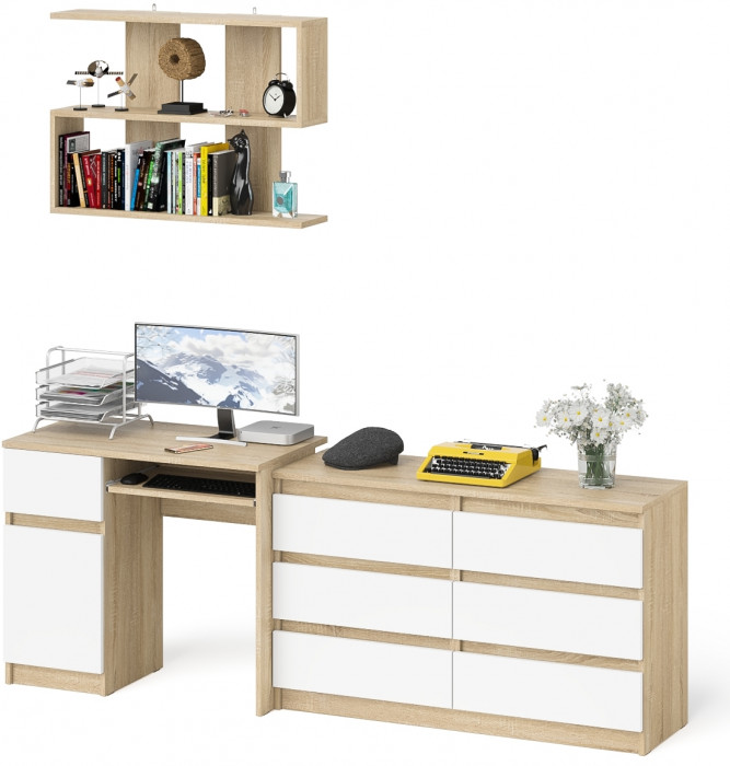 Мори Стол компьютерный МС-1 левый + Комод МК1200.6 + Полка 900, цвет дуб сонома/белый, ШхГхВ 210,4х50х209,6 см., НЕ универсальная сборка