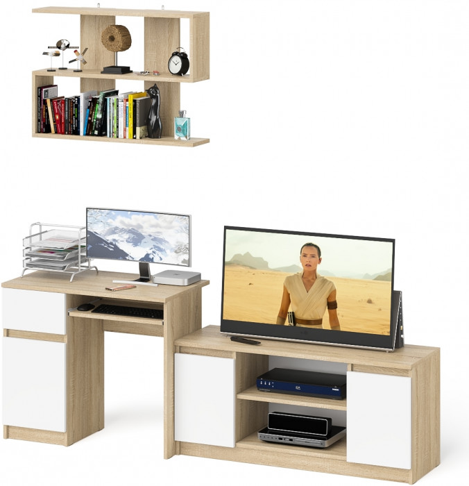 Мори Стол компьютерный МС-1 левый + Тумба МТВ1200.1 + Полка 900, цвет дуб сонома/белый, ШхГхВ 210,4х50х209,6 см., НЕ универсальная сборка