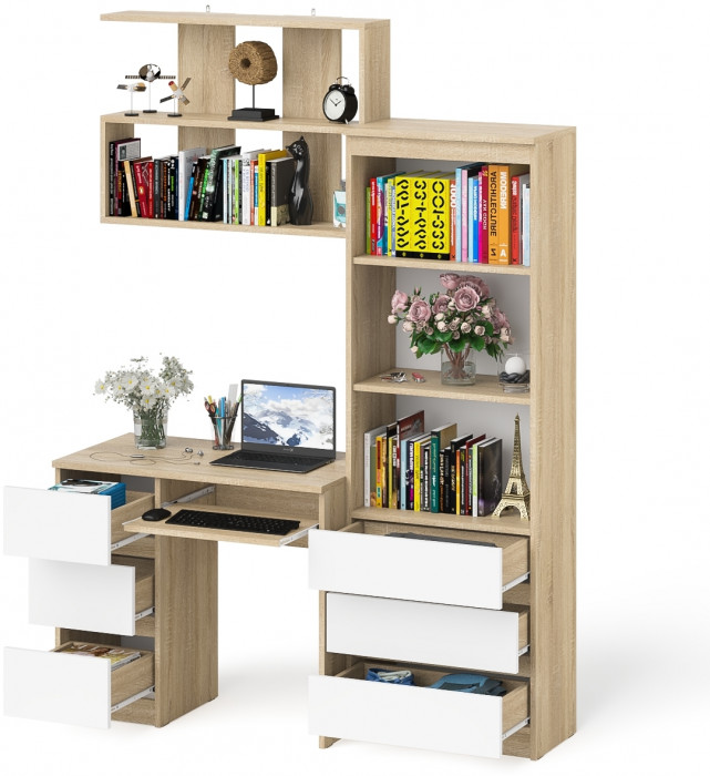 Мори Стол компьютерный МС-6 левый + Стеллаж МСТ600.3 + Полка 900, цвет дуб сонома/белый, ШхГхВ 150,4х50х209,6 см., НЕ универсальная сборка