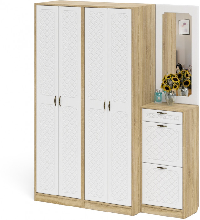 Прихожая П-6 Компоновка № 14, дуб сонома/фасады МДФ белое дерево фрезеровка ромб