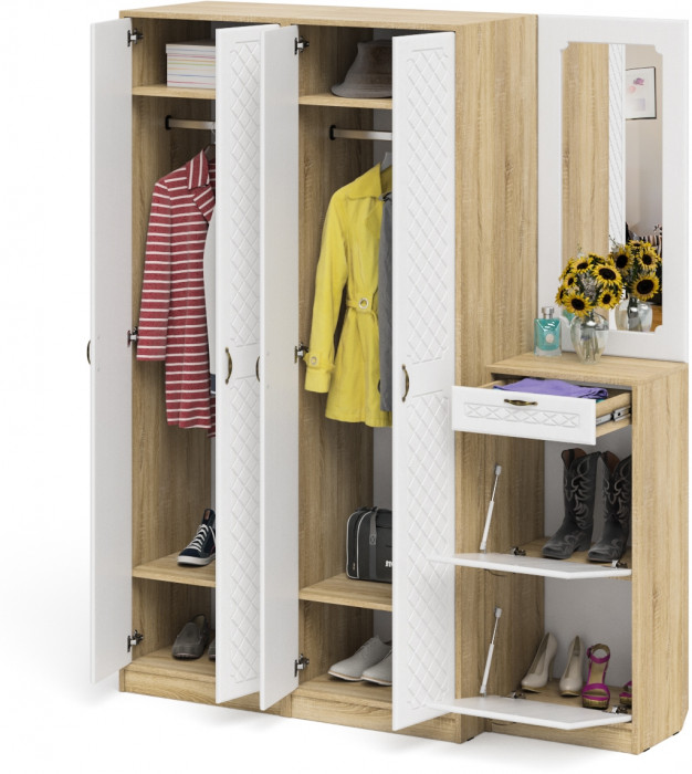 Прихожая П-6 Компоновка № 14, дуб сонома/фасады МДФ белое дерево фрезеровка ромб